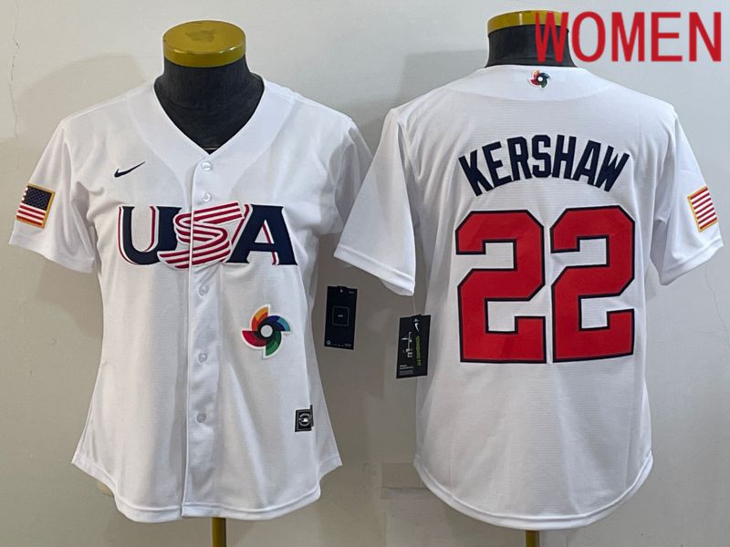 Women 2023 World Cub USA #22 Kershaw White Nike MLB Jersey1